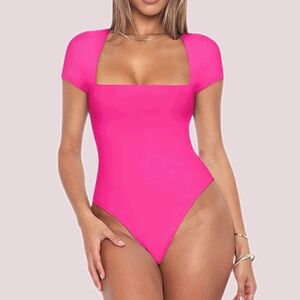 NWT REORIA Hot Pink Square Neck Cap Sleeve Bodysuit - Small